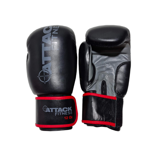 Black ATTACK Fitness Leather Boxing Gloves in Three Colour Coded Sizes [12/14/16oz] - Black/Grey 12oz - Black/Grey with Red Trim