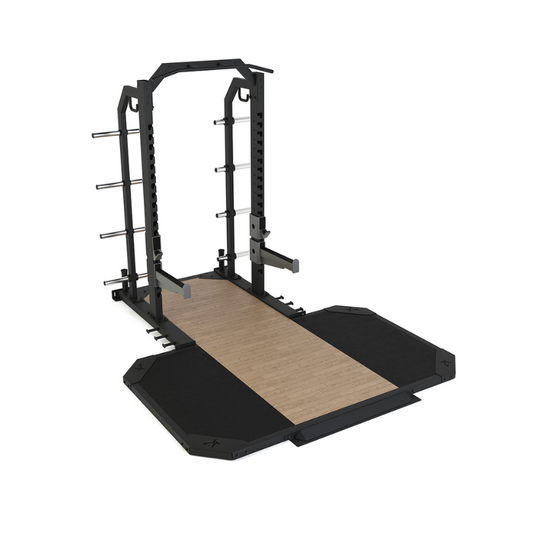 Dark Slate Gray PULSE Fitness Premium Half Rack with Optional Lifting Platform Add On [2.4×1.5M] - Sand Black Add Lifting Platform / Oak/Rubber Performance Flooring [2.4×1.5M]